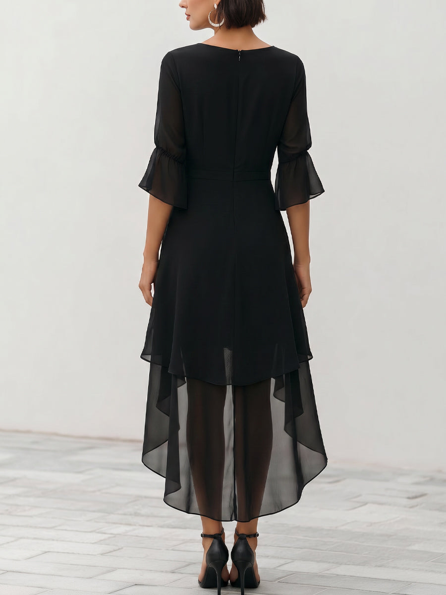 Asymmetric Midi Dress in Layered Chiffon