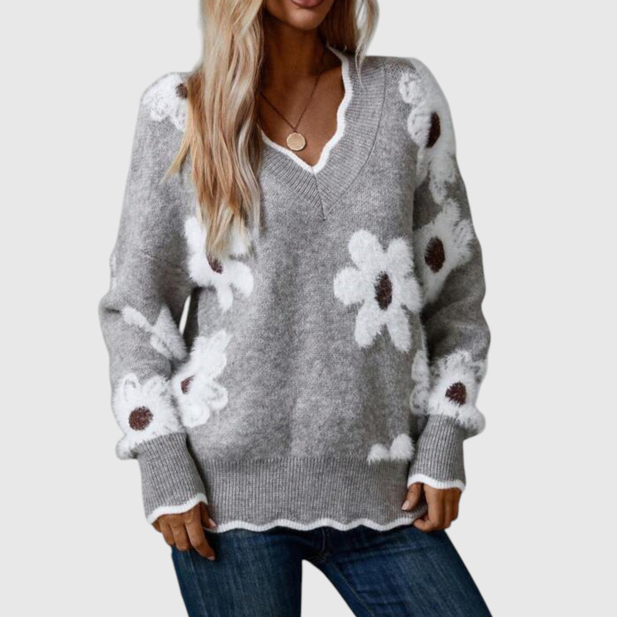 THEA - Elegant V-neck sweater with floral print