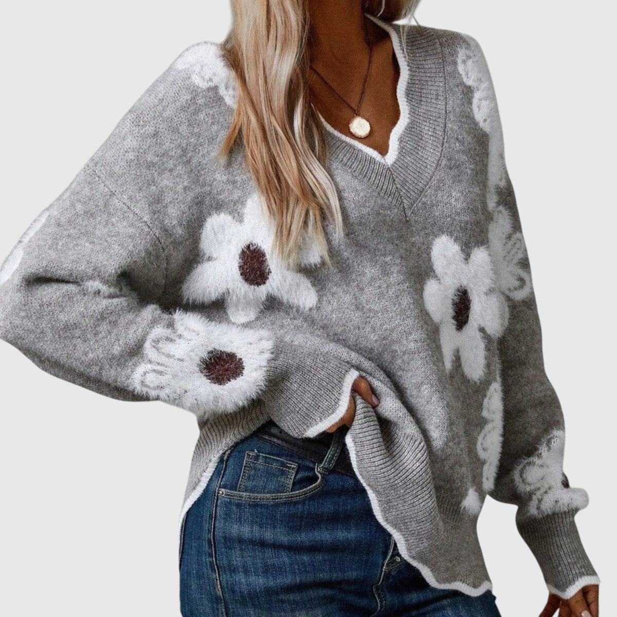 THEA - Elegant V-neck sweater with floral print