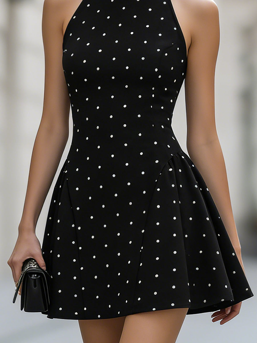 Elegant Sleeveless Mini Dress with Halter Neck and Polka Dot Pattern