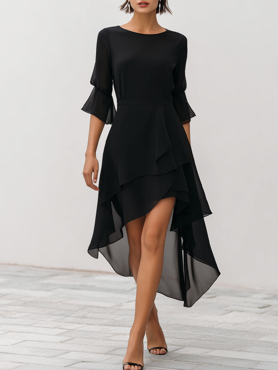 Asymmetric Midi Dress in Layered Chiffon