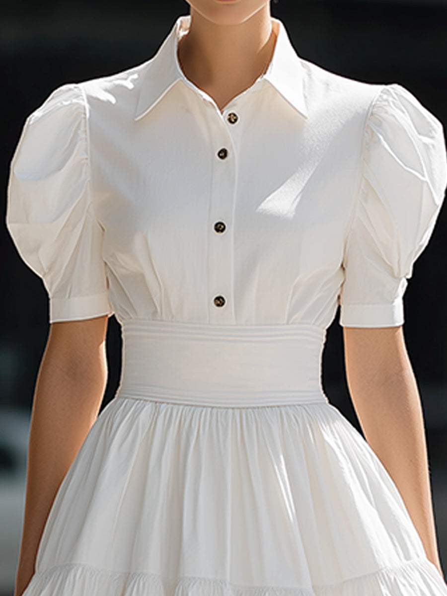Mini dress with puff sleeves, front buttons, A-line