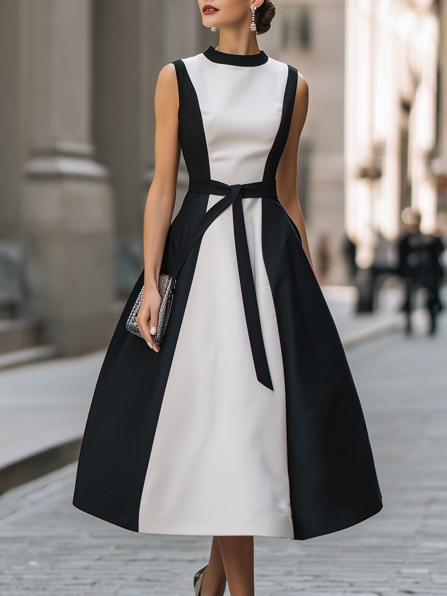Sleeveless A-line Midi Dress with Contrast Belt