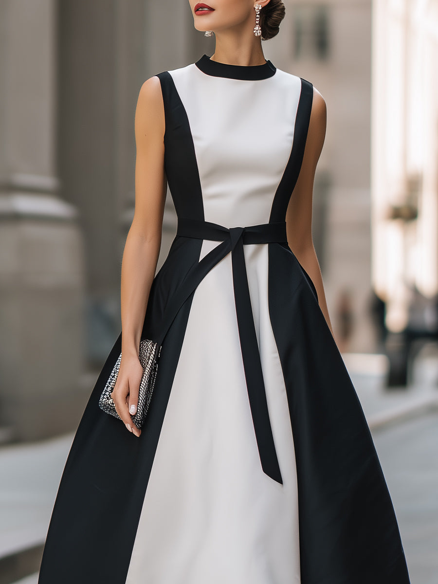 Sleeveless A-line Midi Dress with Contrast Belt
