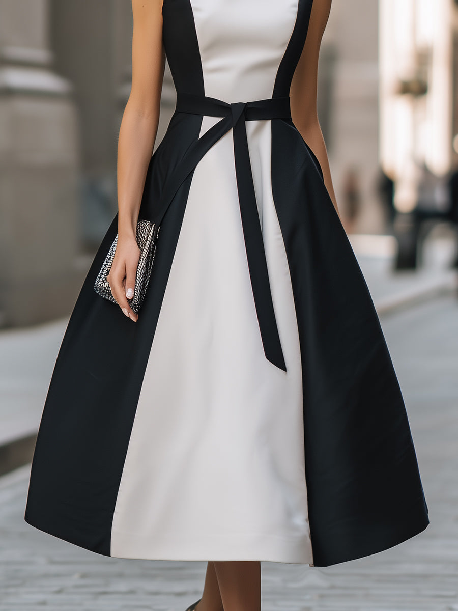 Sleeveless A-line Midi Dress with Contrast Belt