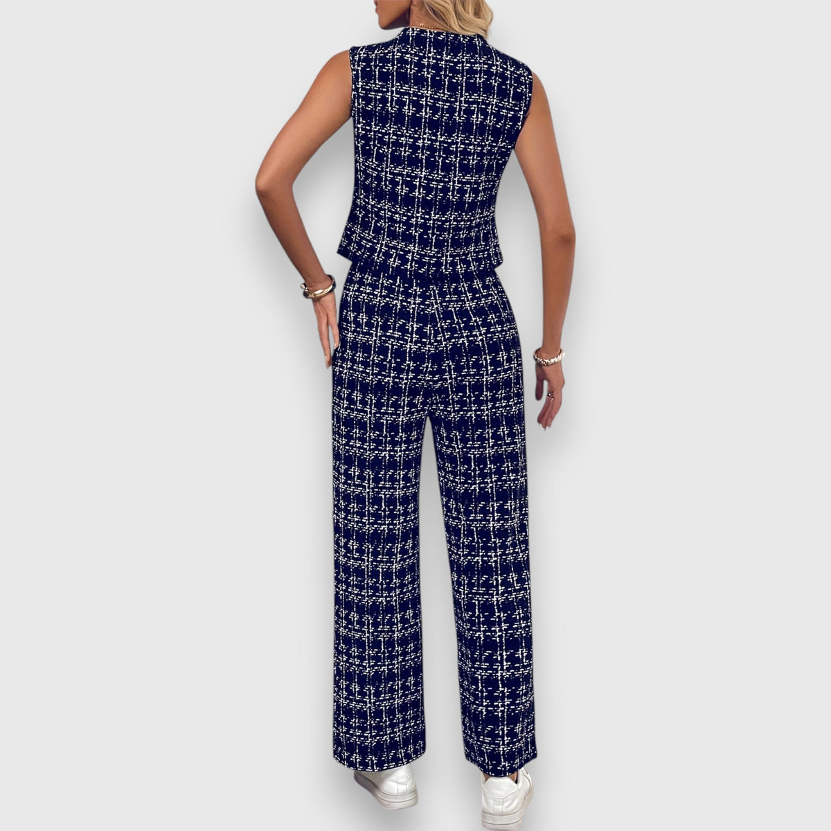 Two piece set with V-neck top and matching trousers