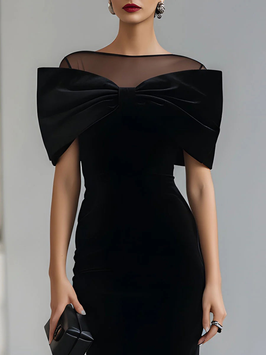 Catalina | Dramatic Black Velvet Midi Dress with Bow