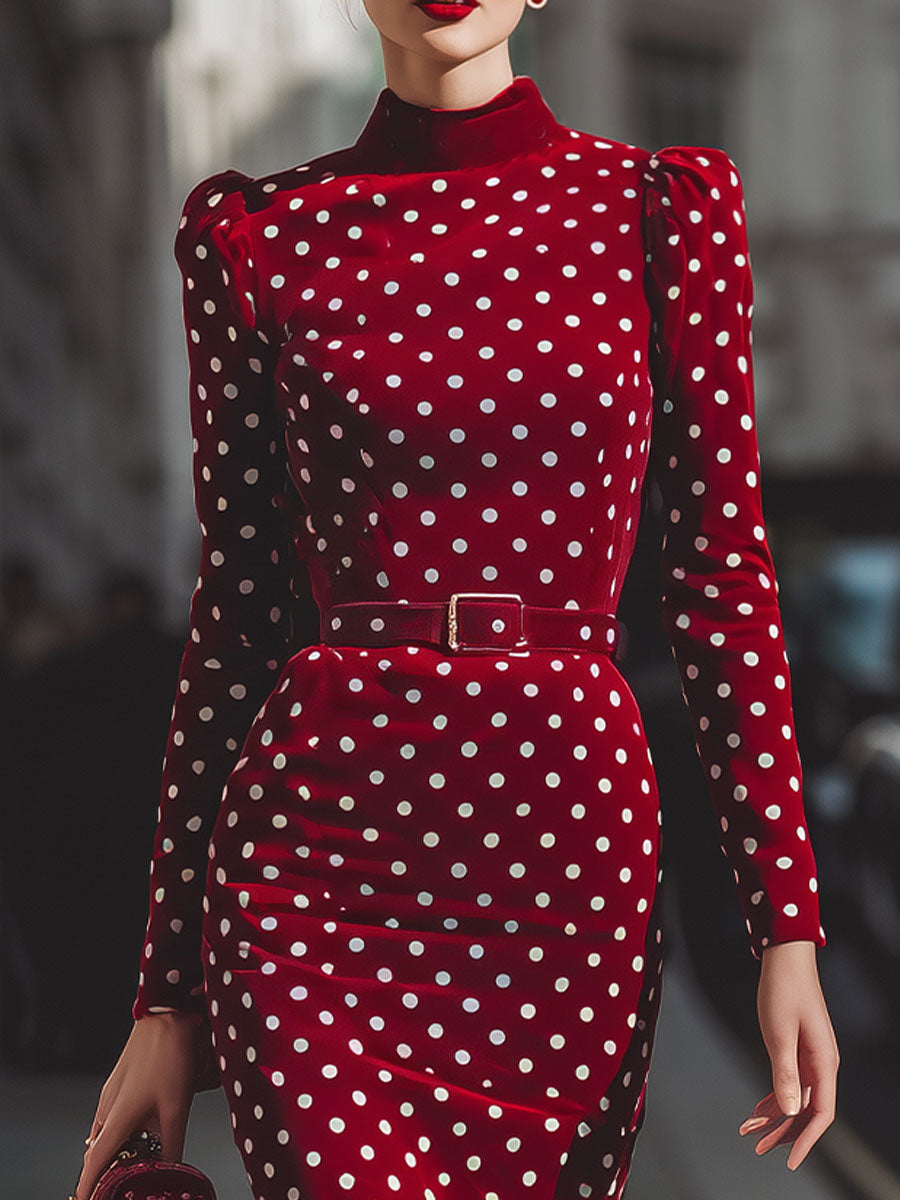 Vintage Polka Dot Velour Midi Dress