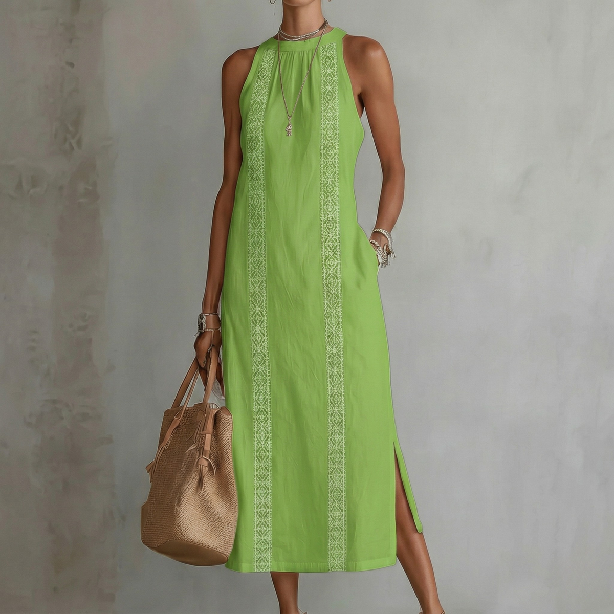 Andrea - Canvas Midi Dress with Mao Collar