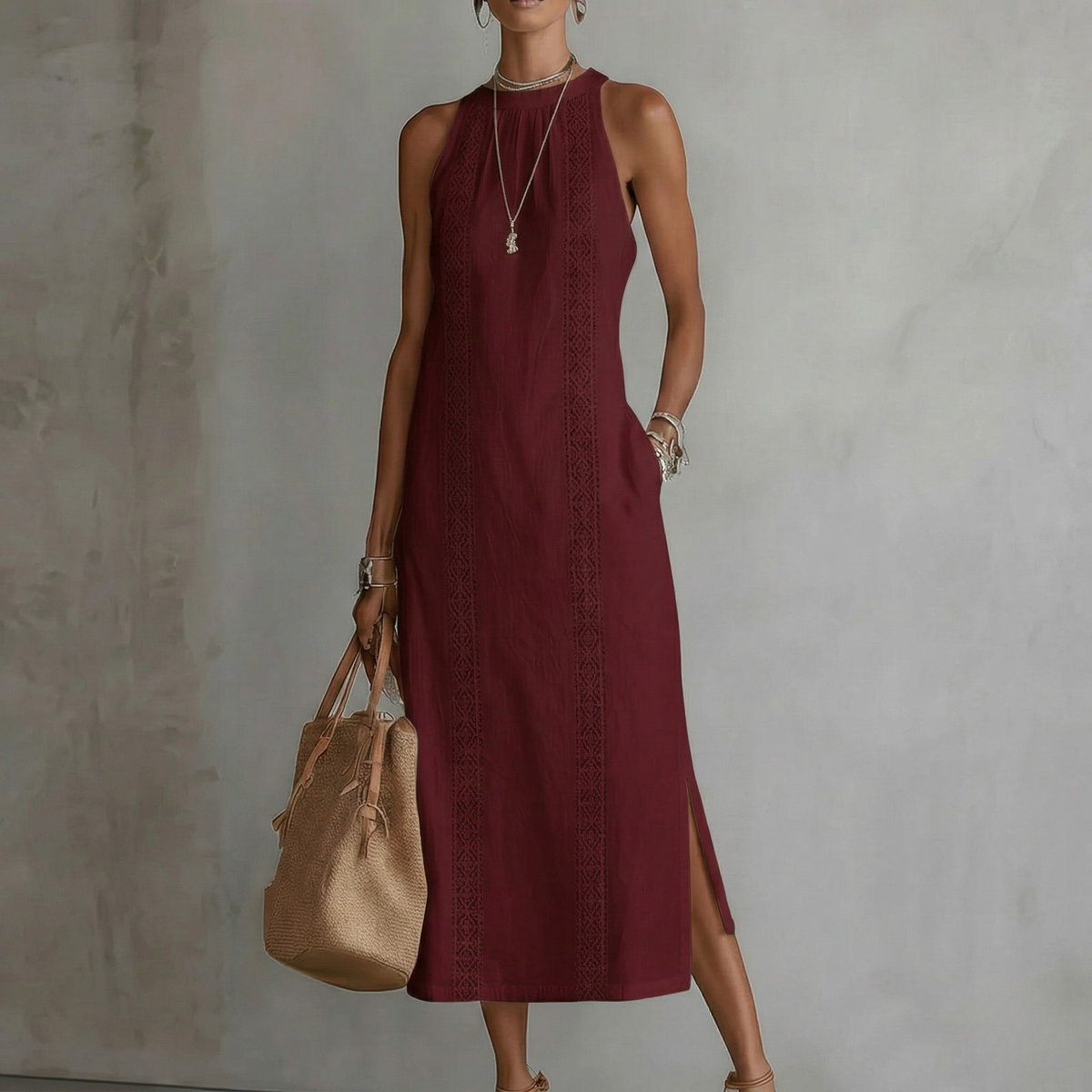 Andrea - Canvas Midi Dress with Mao Collar