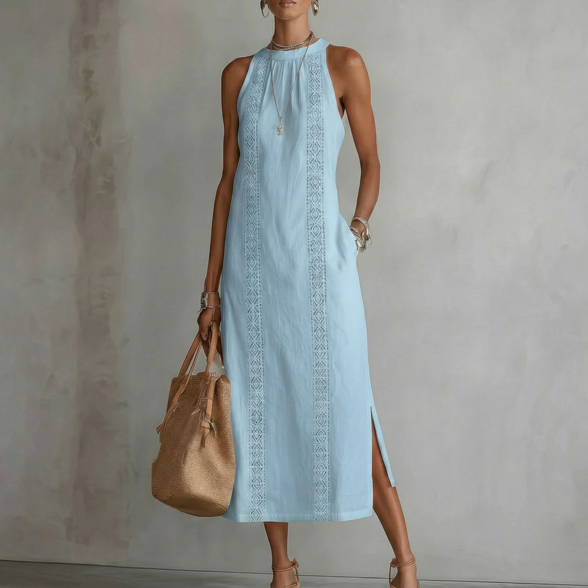 Andrea - Canvas Midi Dress with Mao Collar