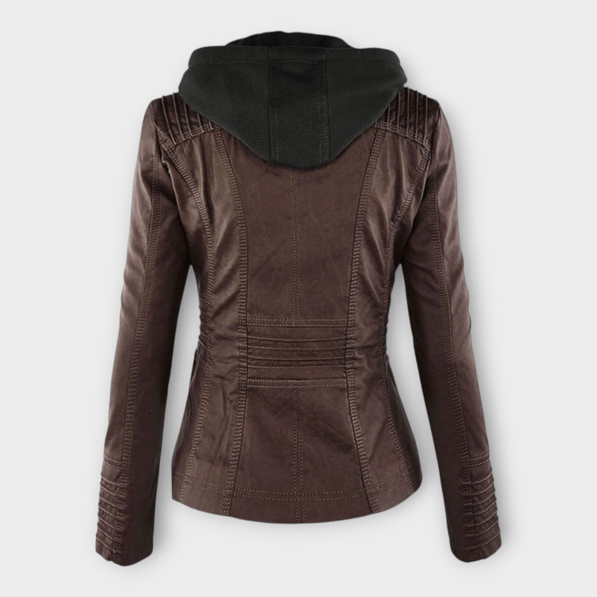 Modern leather jacket with hood and timeless design