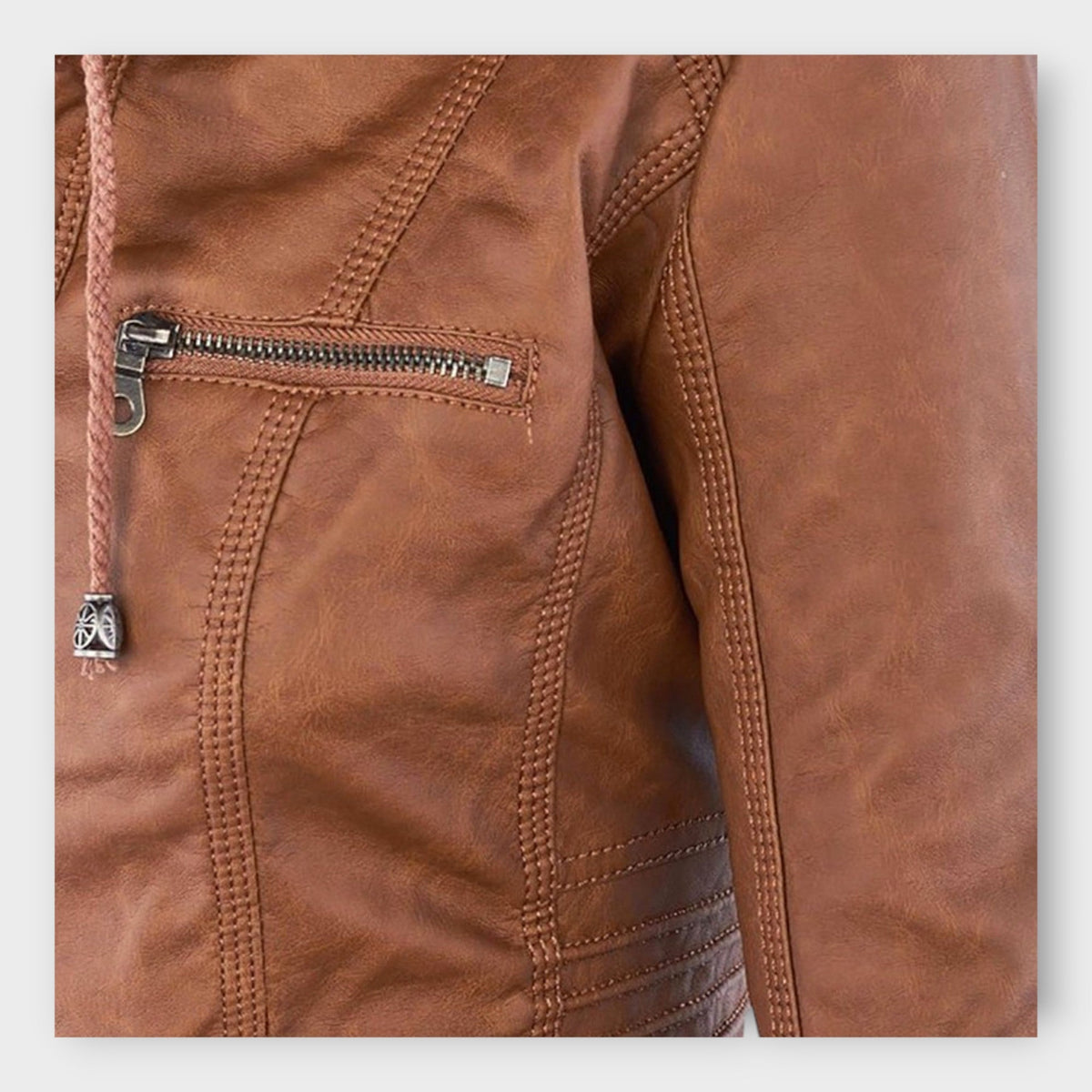 Modern leather jacket with hood and timeless design