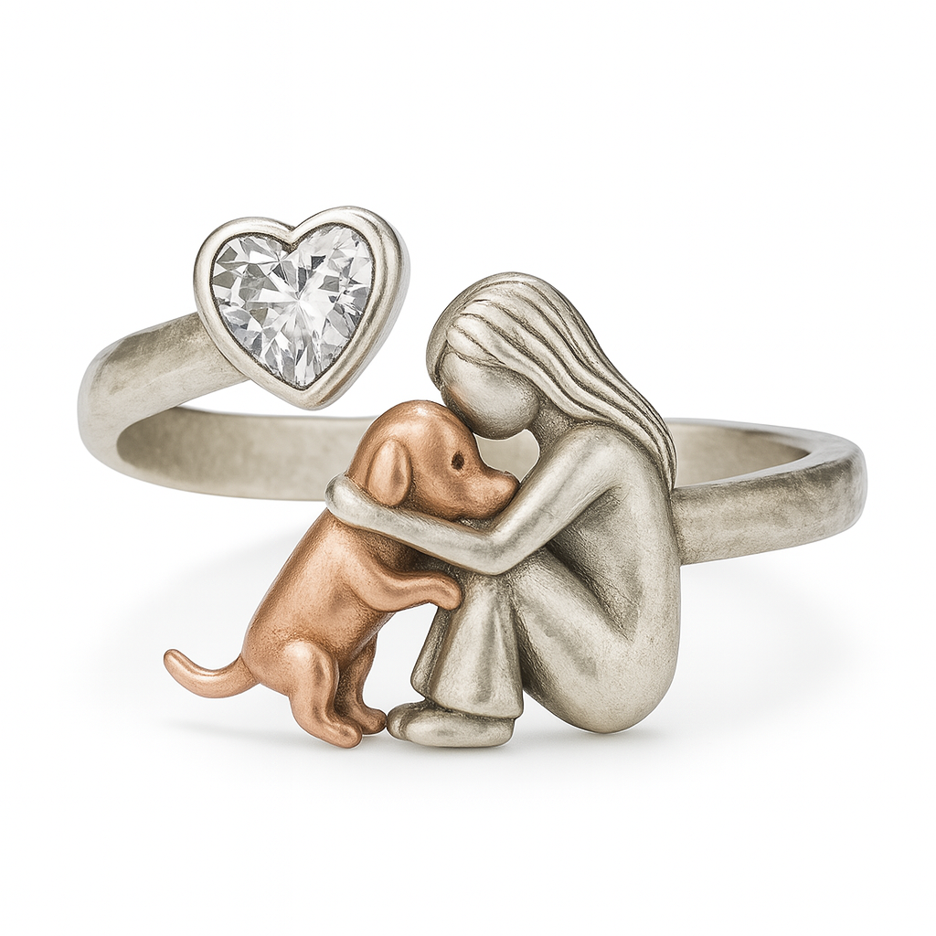 Handmade 925 Sterling Silver Dog Ring with Heart-Shaped Zirconia – Adjustable Size
