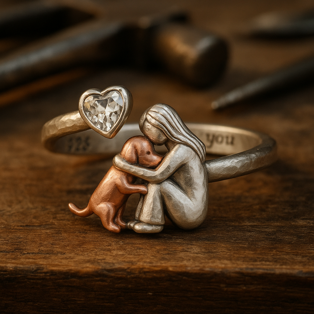 Handmade 925 Sterling Silver Dog Ring with Heart-Shaped Zirconia – Adjustable Size