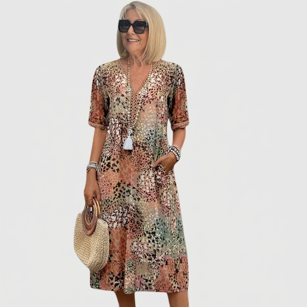 Ilona - Women's patterned midi dress with short sleeves