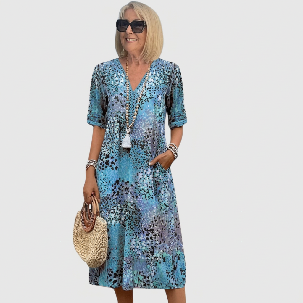 Ilona - Women's patterned midi dress with short sleeves