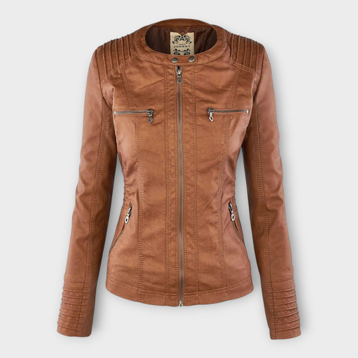 Modern leather jacket with hood and timeless design