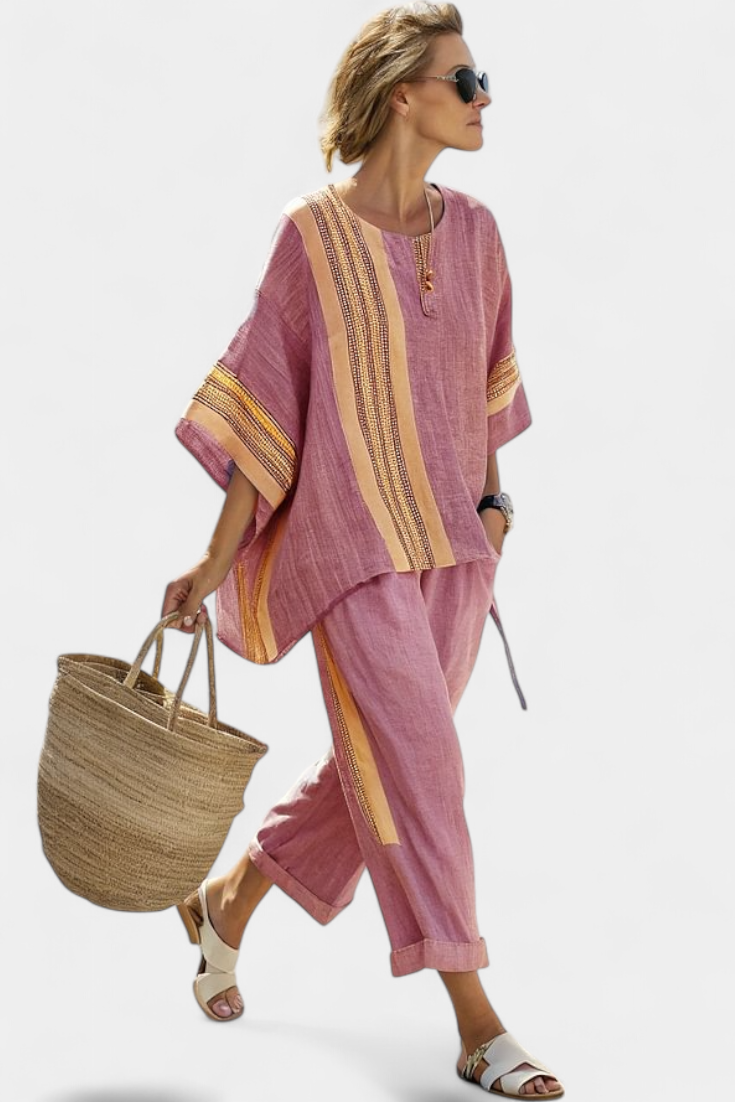 Linen-bamboo set with charming lavender and yellow stripes