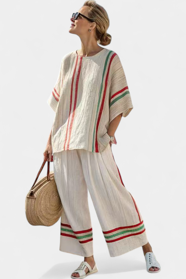 Mediterranean Laika set made of bamboo canvas with elegant red and green stripes