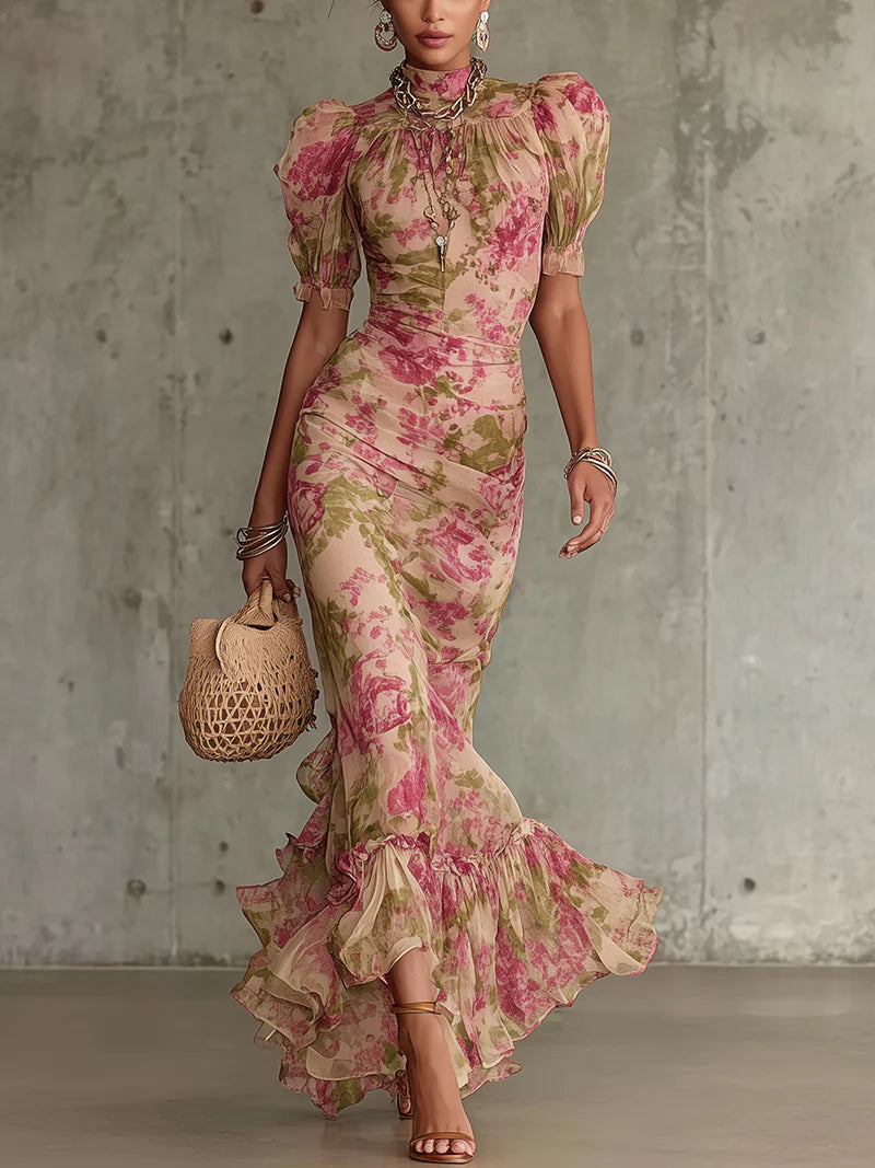 Mae | Maxi Dress with Puff Sleeves and Vintage Rose Print