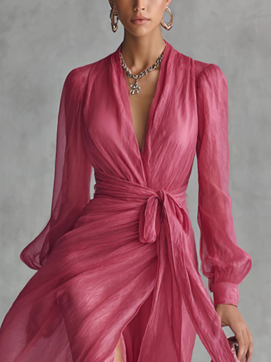Bianca | Elegáns Hosszú Chiffon Ruha V-nyakkivágással és Állítható Derékrésszel