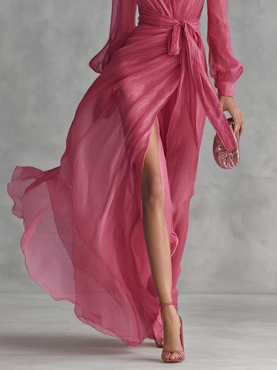 Bianca | Elegáns Hosszú Chiffon Ruha V-nyakkivágással és Állítható Derékrésszel