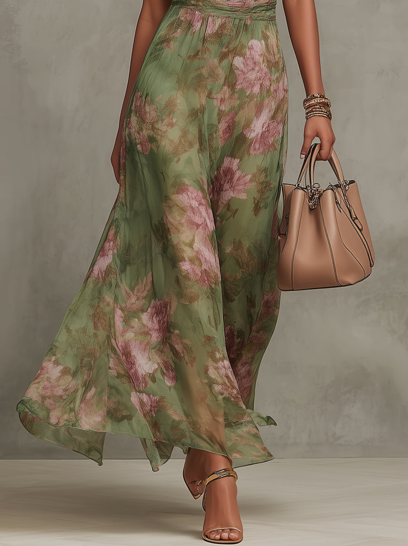 Florencia | Green Floral Maxi Halter Chiffon Dress