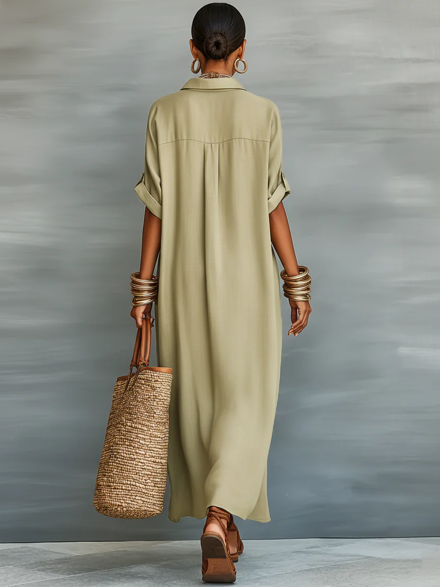 Manelle™ | Olive Green Maxi Dress with Minimalist Line