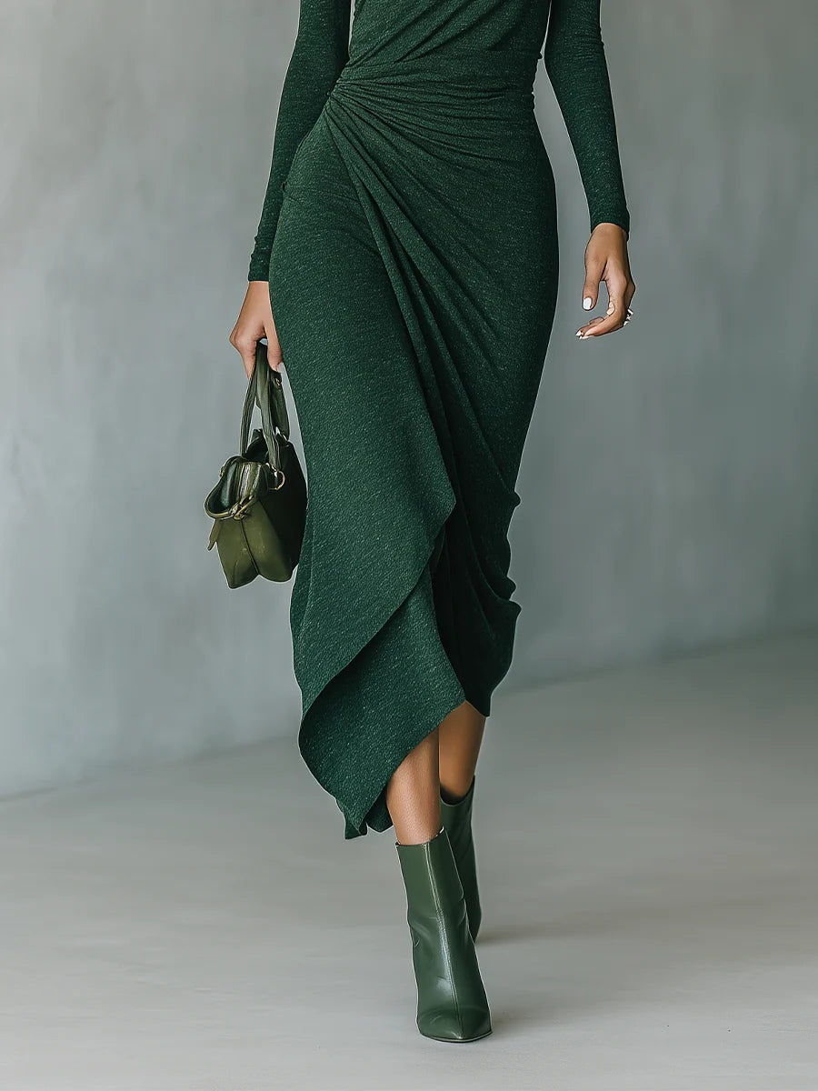 Felicia | Asymmetric midi dress with ruching and high neck, dark green
