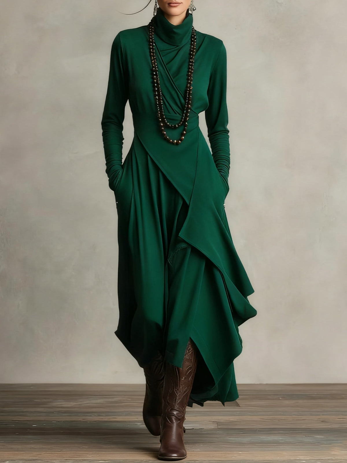 Doina | Asymmetric pleated maxi dress with high collar