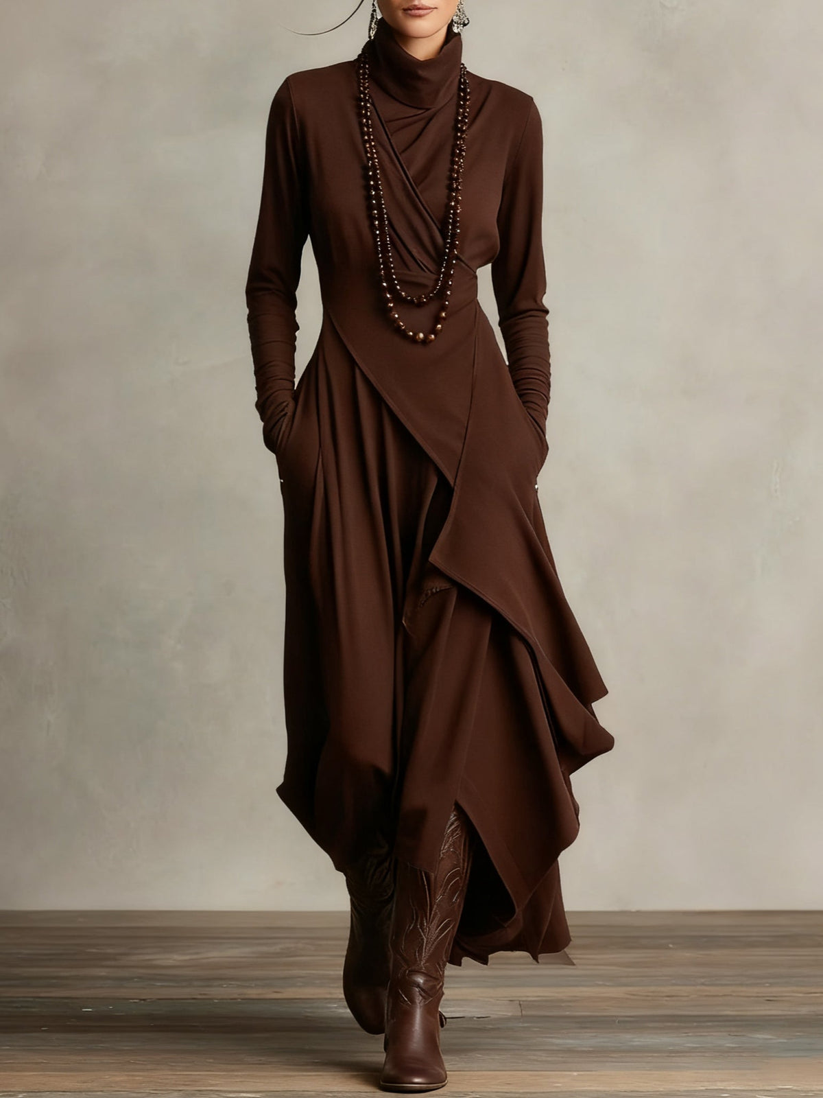 Doina | Asymmetric pleated maxi dress with high collar