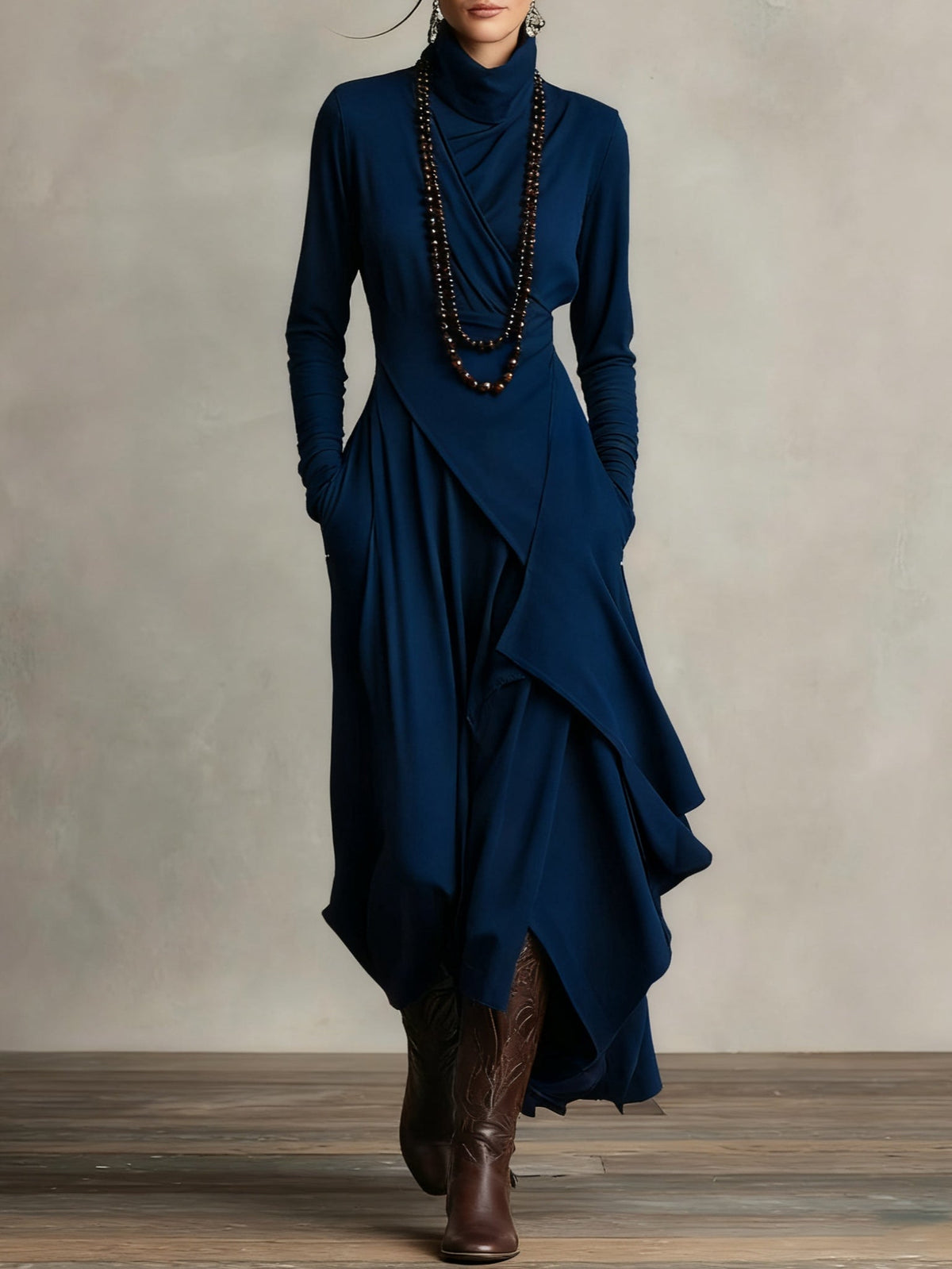 Doina | Asymmetric pleated maxi dress with high collar