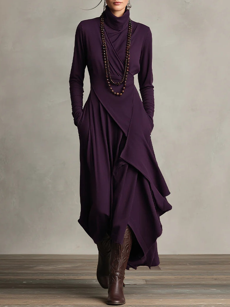 Doina | Asymmetric pleated maxi dress with high collar