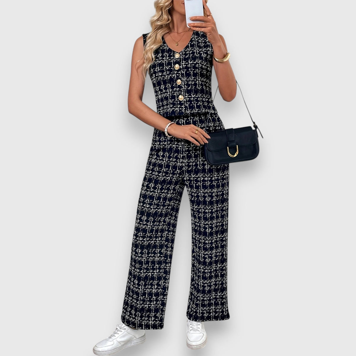Two piece set with V-neck top and matching trousers