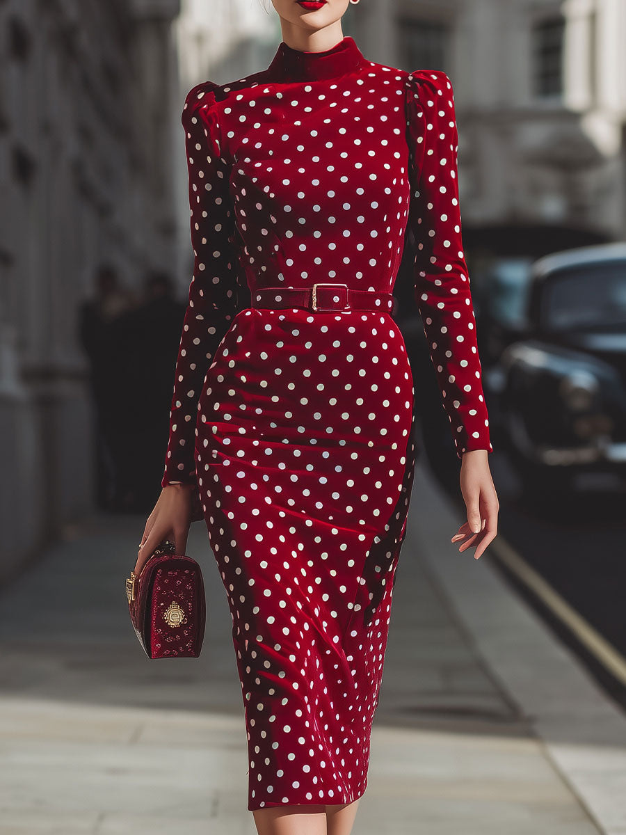 Vintage Polka Dot Velour Midi Dress