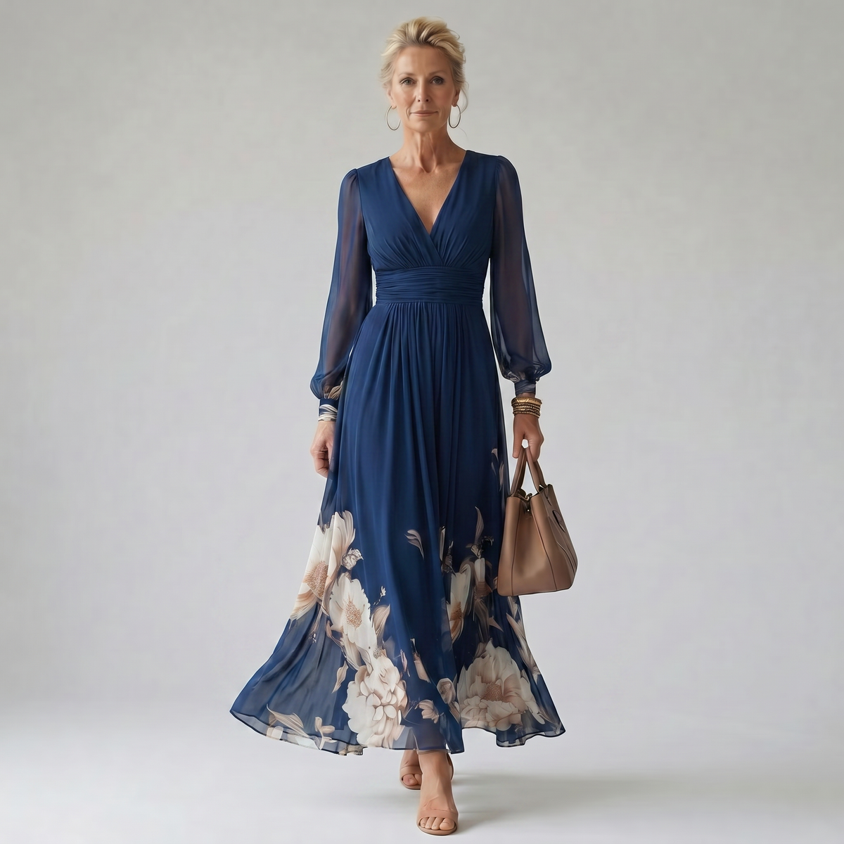 Lilly | Tengerészkék Virágos Kényelmes Maxi Ruha