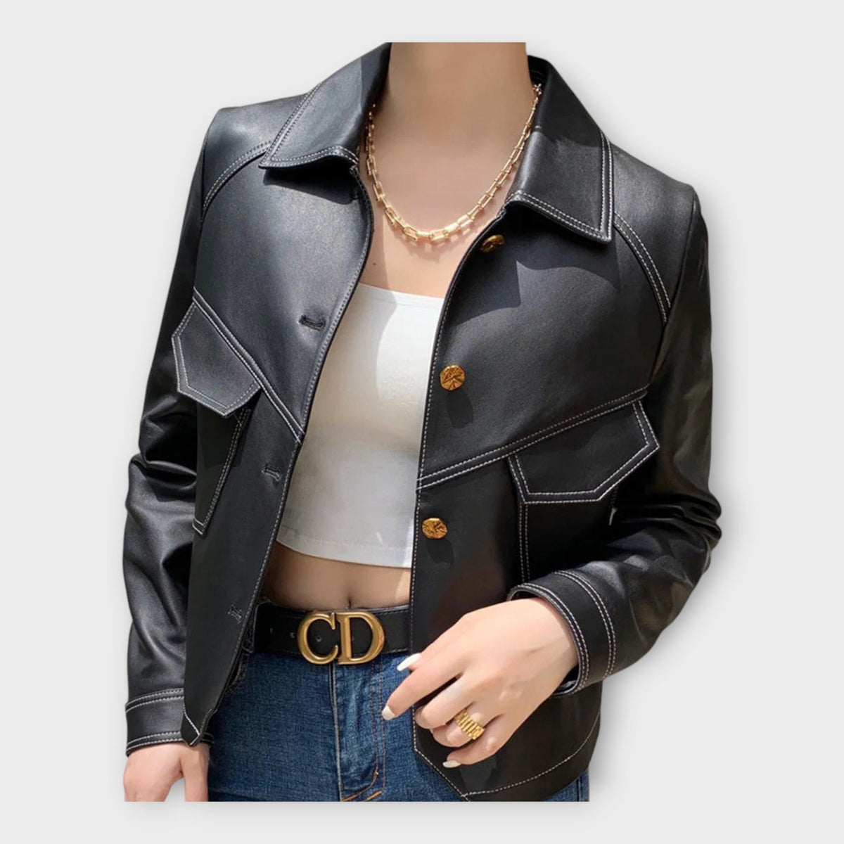 Elegant leather jacket with a modern design and refined aesthetics